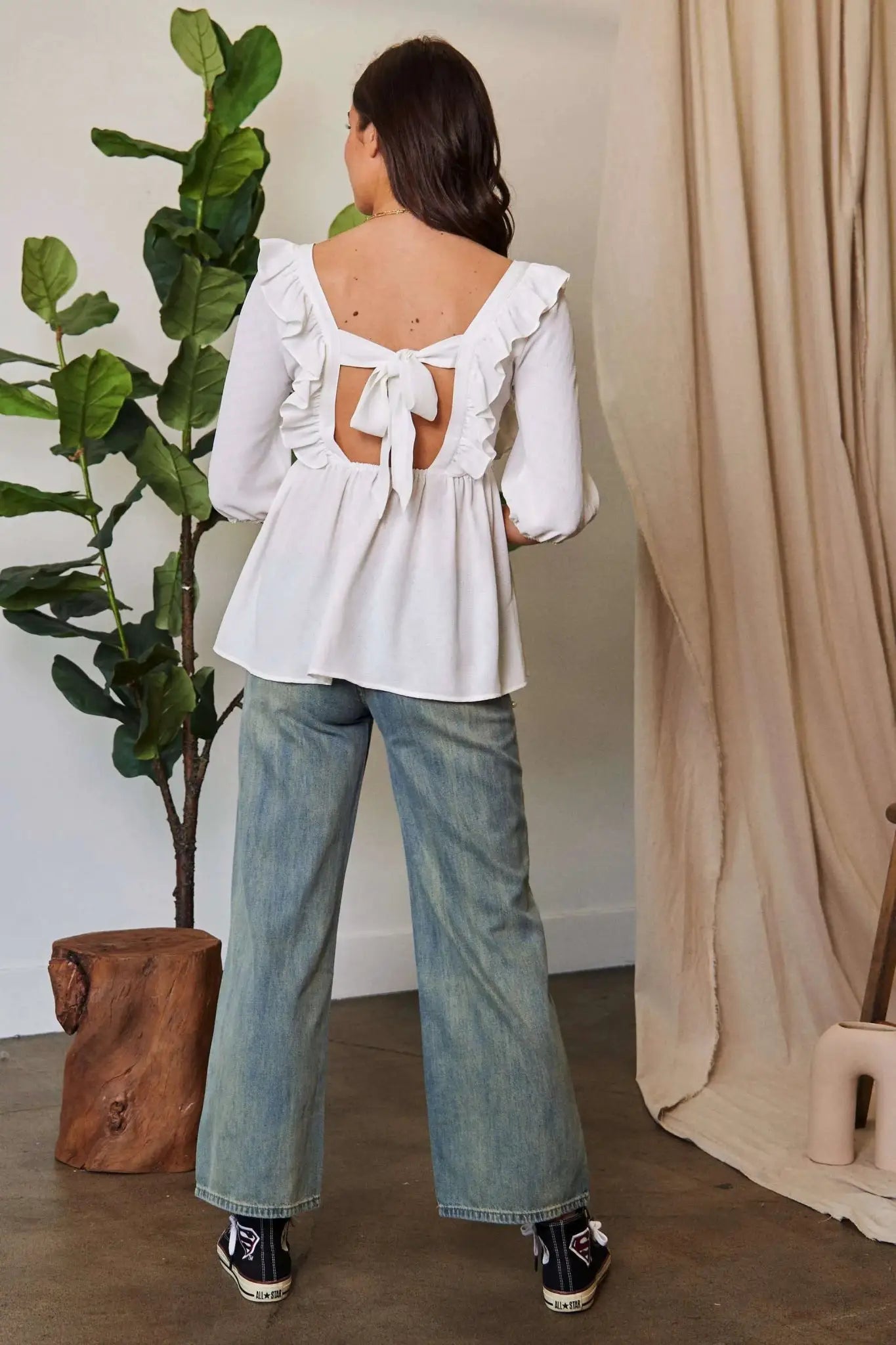 Davi & Dani Texture Tie Back Floral Embroidery Frill Blouse by Trendsi