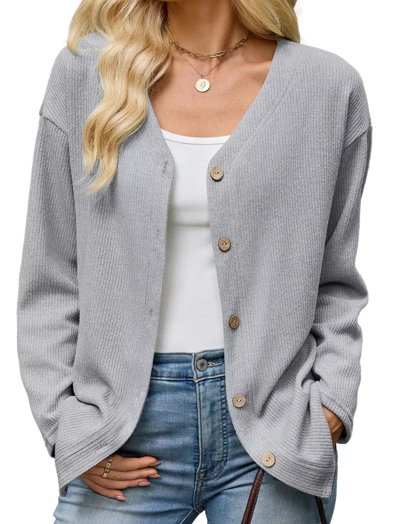 V-Neck Button-Down Cardigan by Trendsi