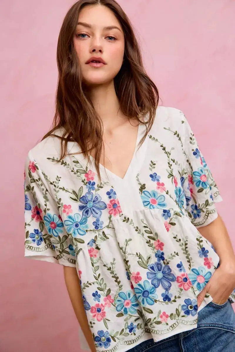 SO ME Floral Embroidered Baby Doll Blouse Top by Trendsi