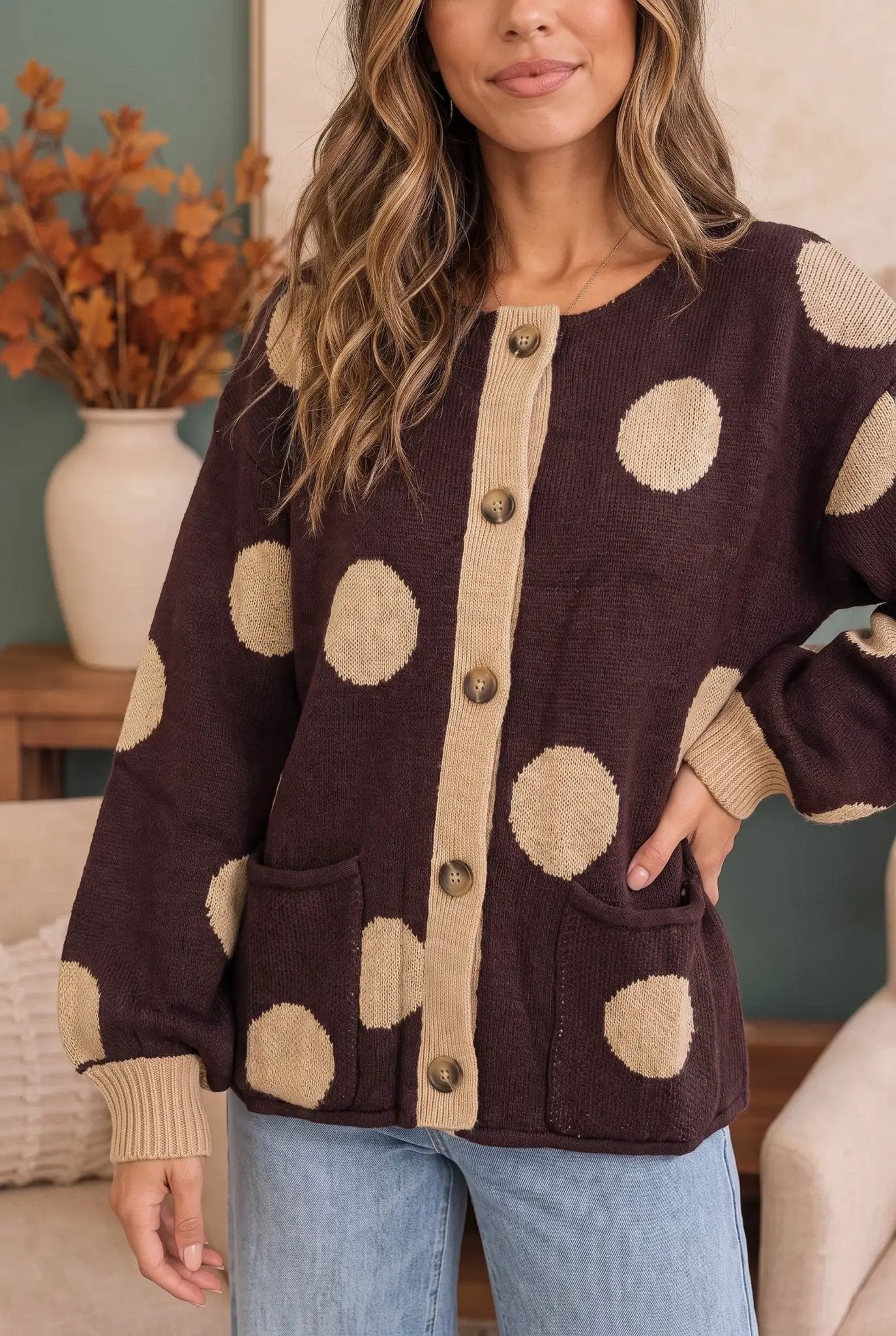 Dotty For You Chocolate Polka Dot Knit Cardigan by Haptics