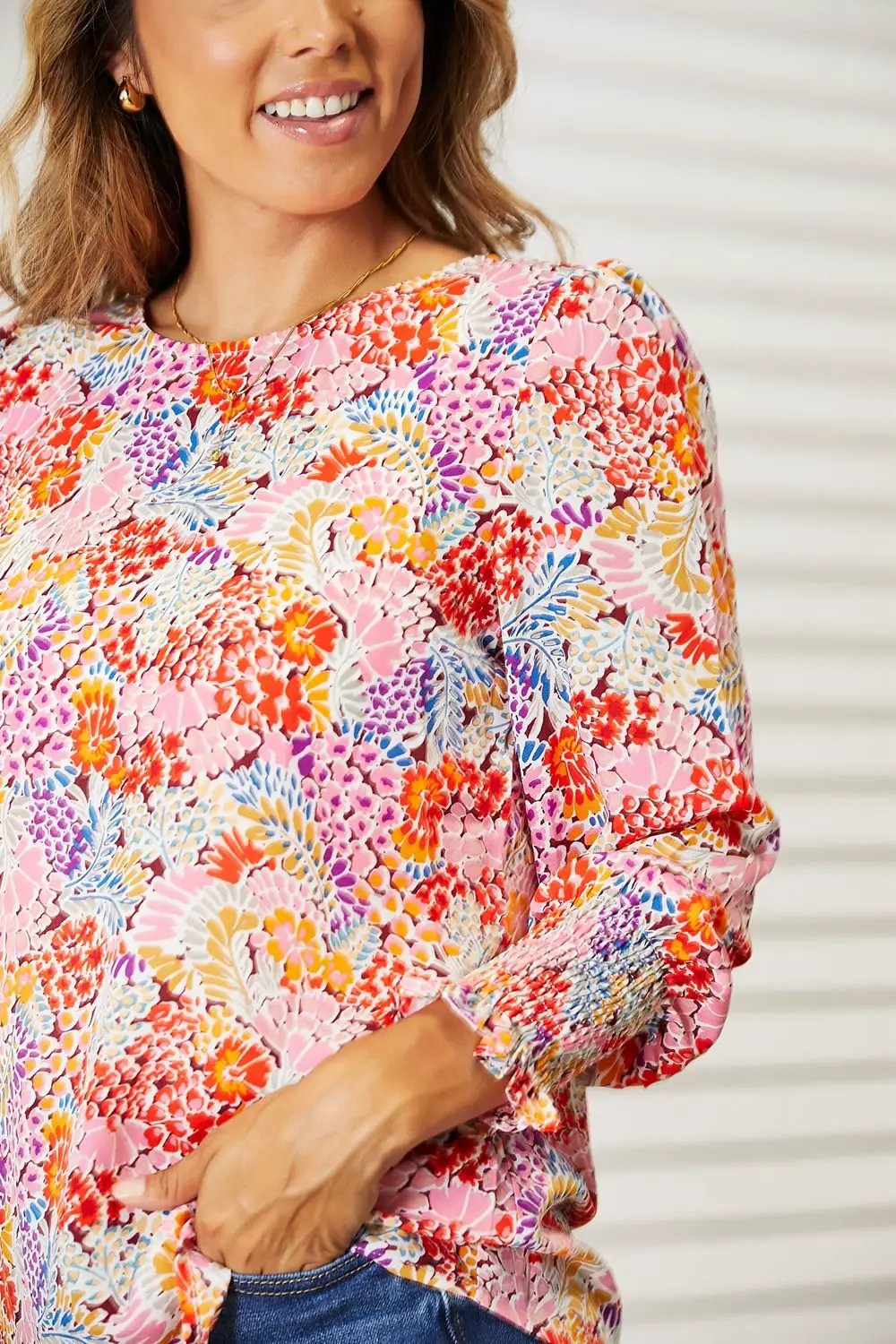 Double Take Floral Print Long Puff Sleeve Blouse by Trendsi