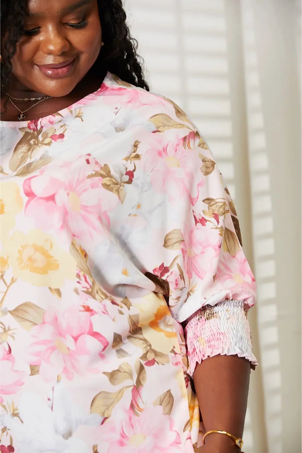 Double Take Floral Round Neck Three-Quarter Sleeve Top by Trendsi