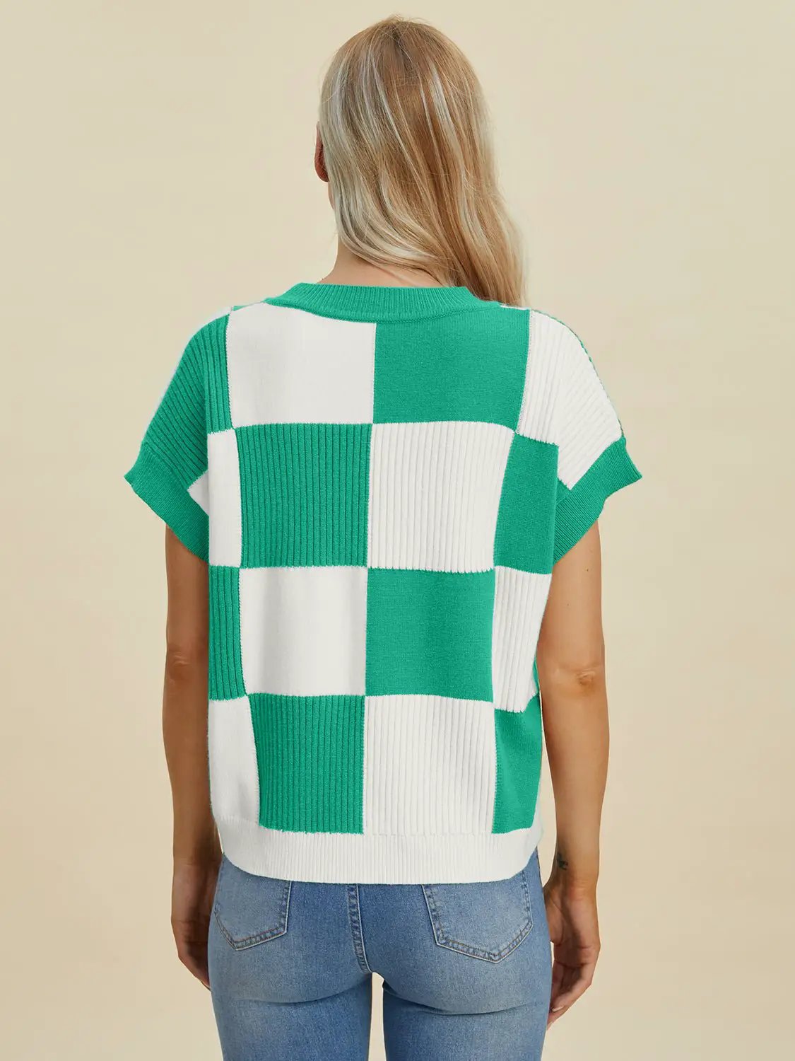 Double Take Full Size Checkered Round Neck Short Sleeve Sweater by Trendsi