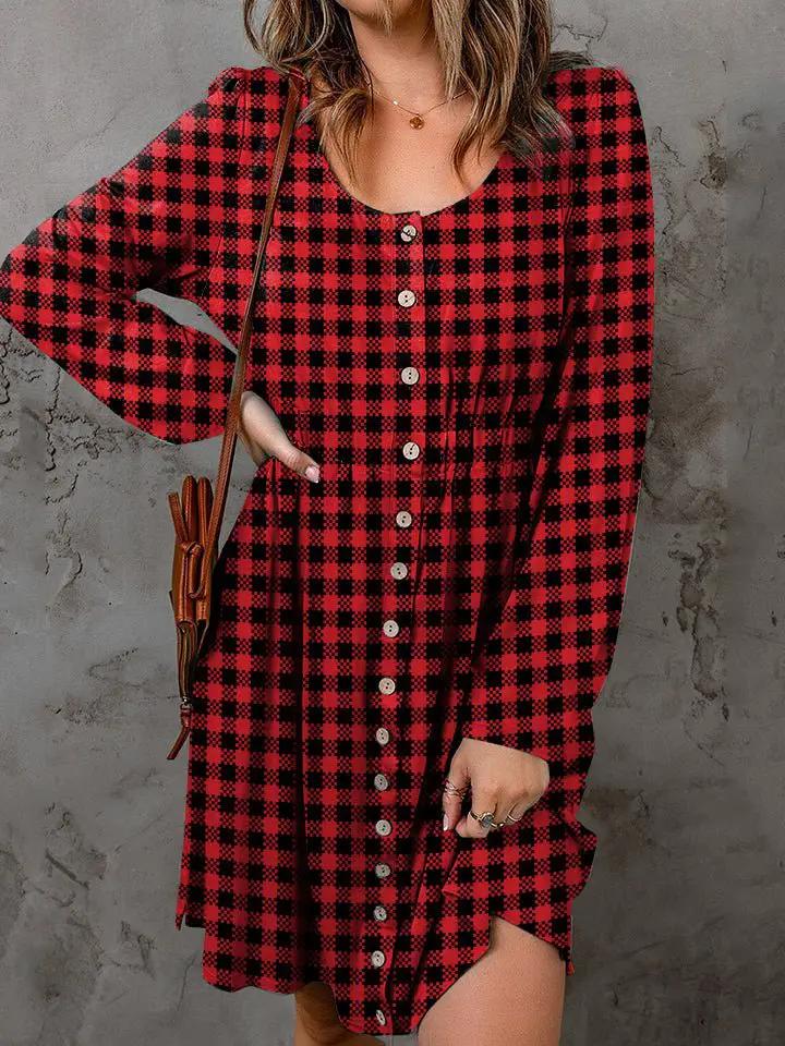 Double Take Full Size Plaid Round Neck Long Sleeve Magic Dress by Trendsi