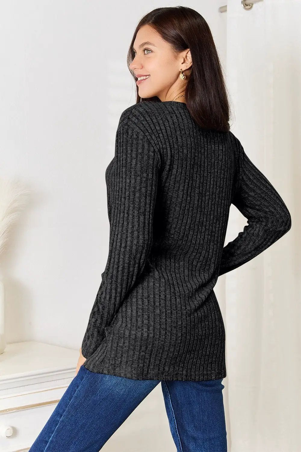 Double Take Notched Neck Ribbed Long Sleeve T-Shirt by Trendsi