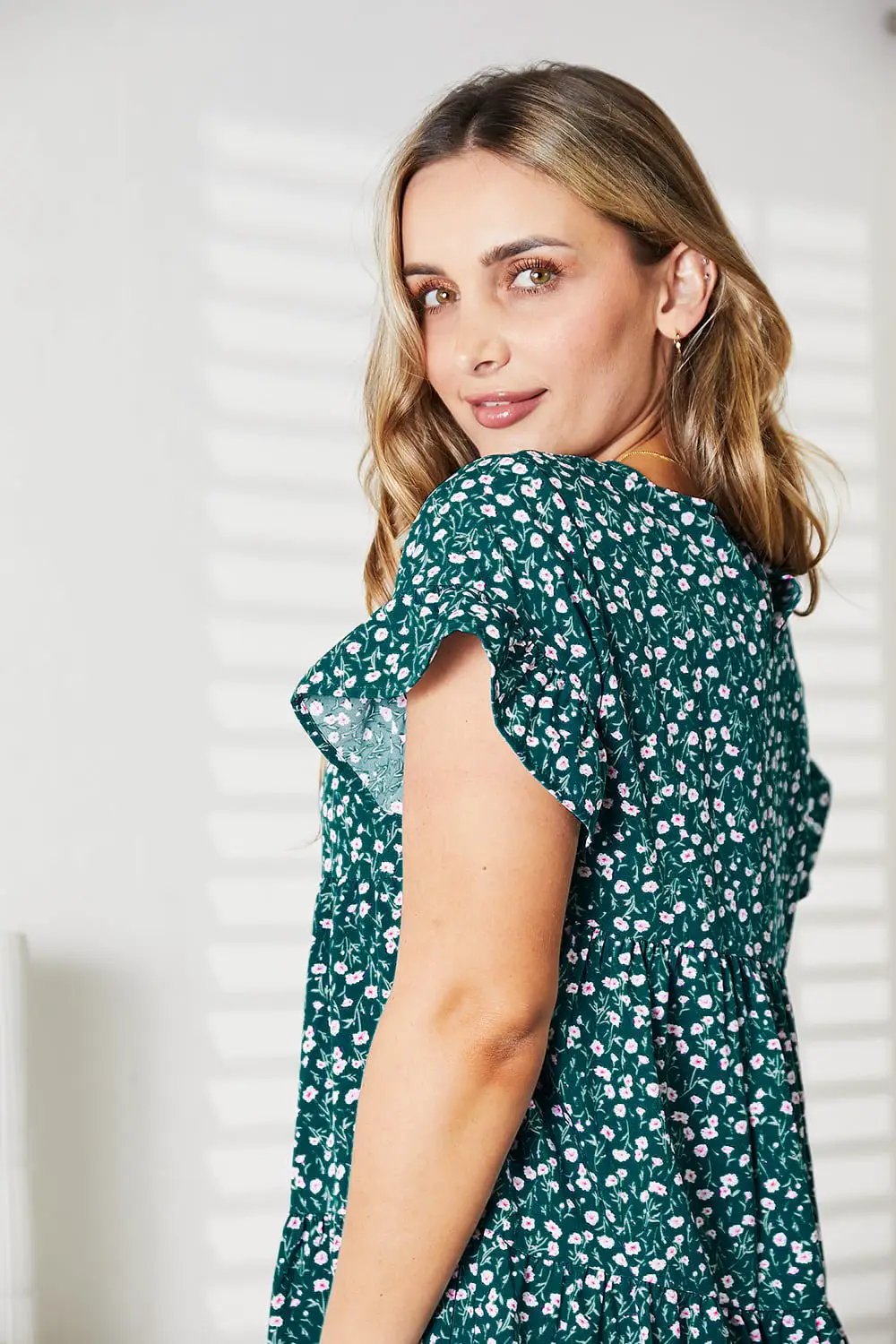 Double Take Short Flounce Sleeve Tiered Dress by Trendsi