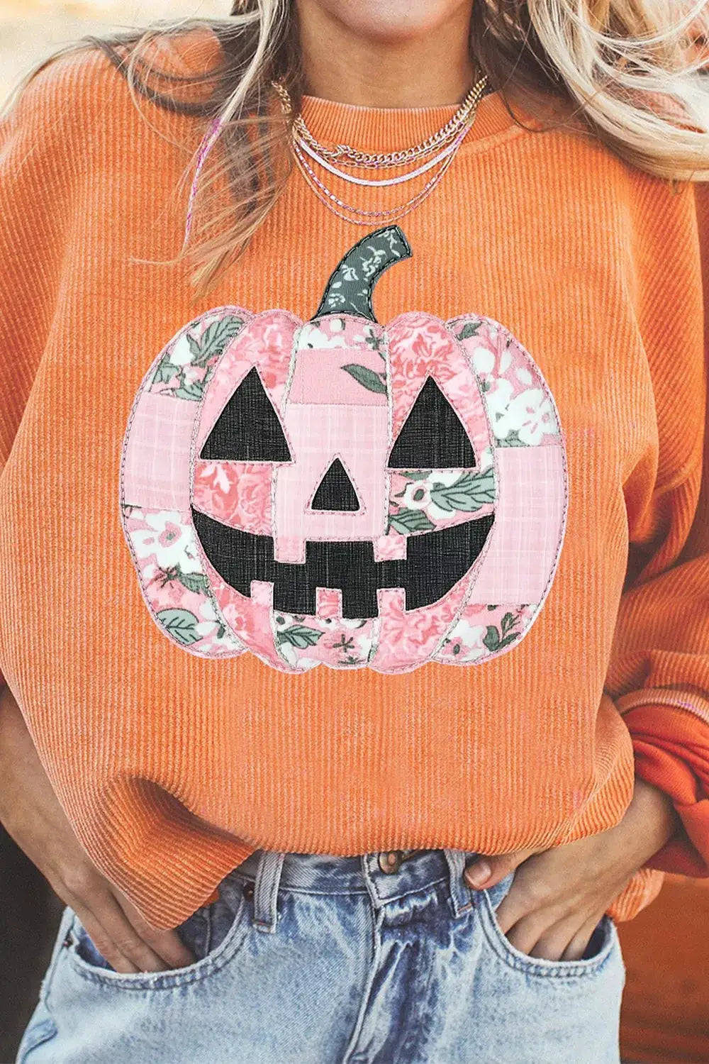 Patchwork Pumpkin Graphic Corded Ribbed Round Neck Tunic Sweatshirt by Trendsi