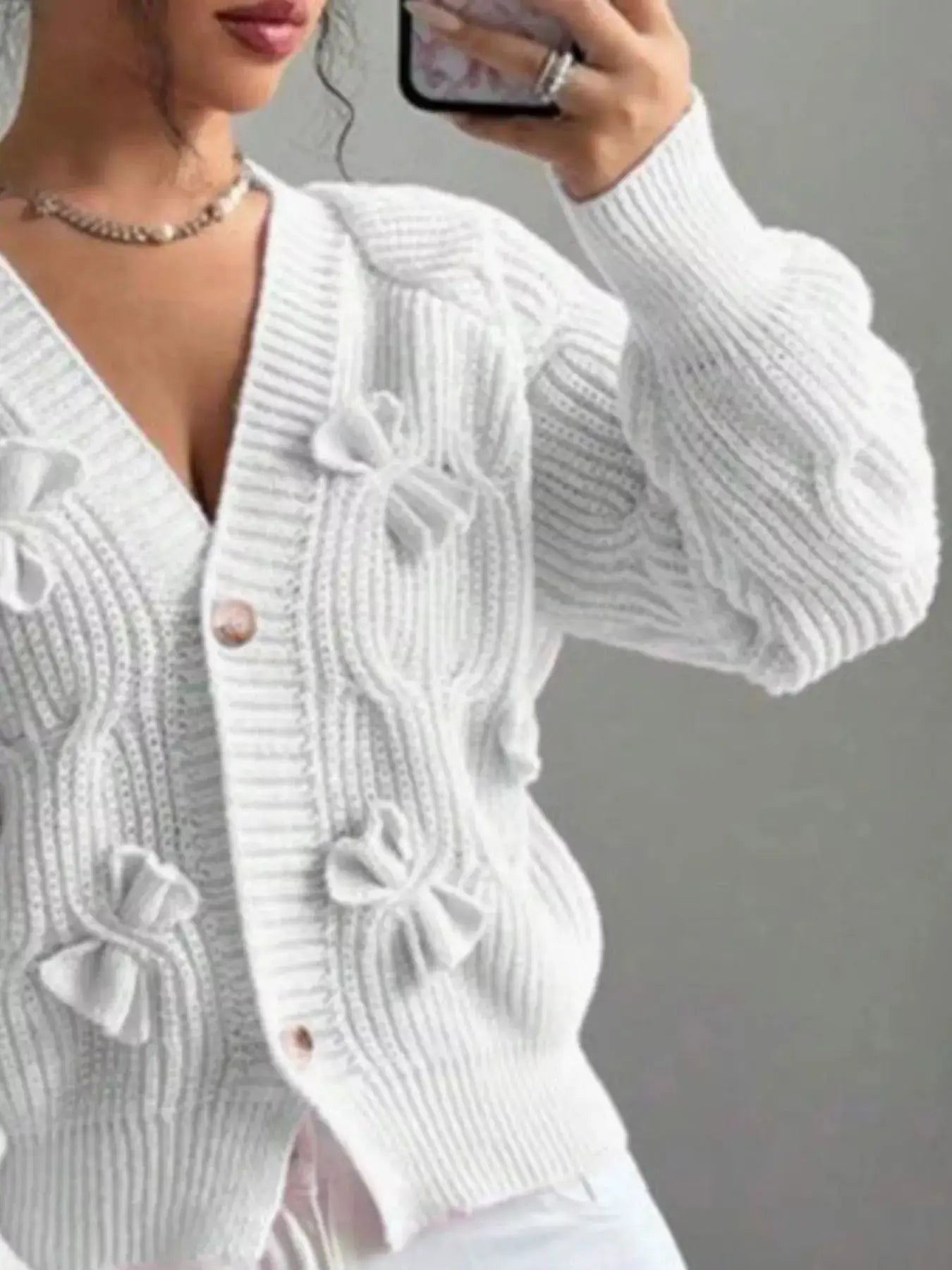 Bow Cable Knit V-Neck Cardigan by Trendsi