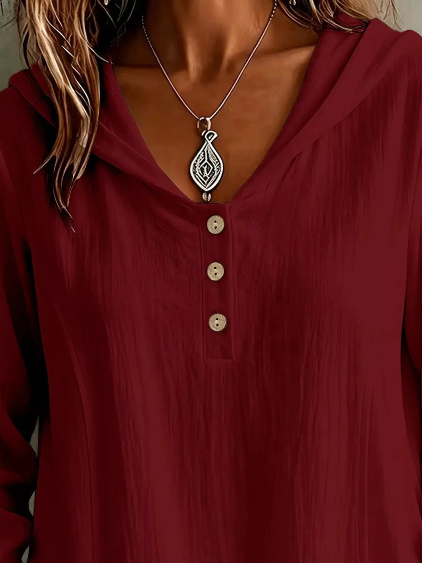Button Detail Long Sleeve Hooded Blouse by Trendsi