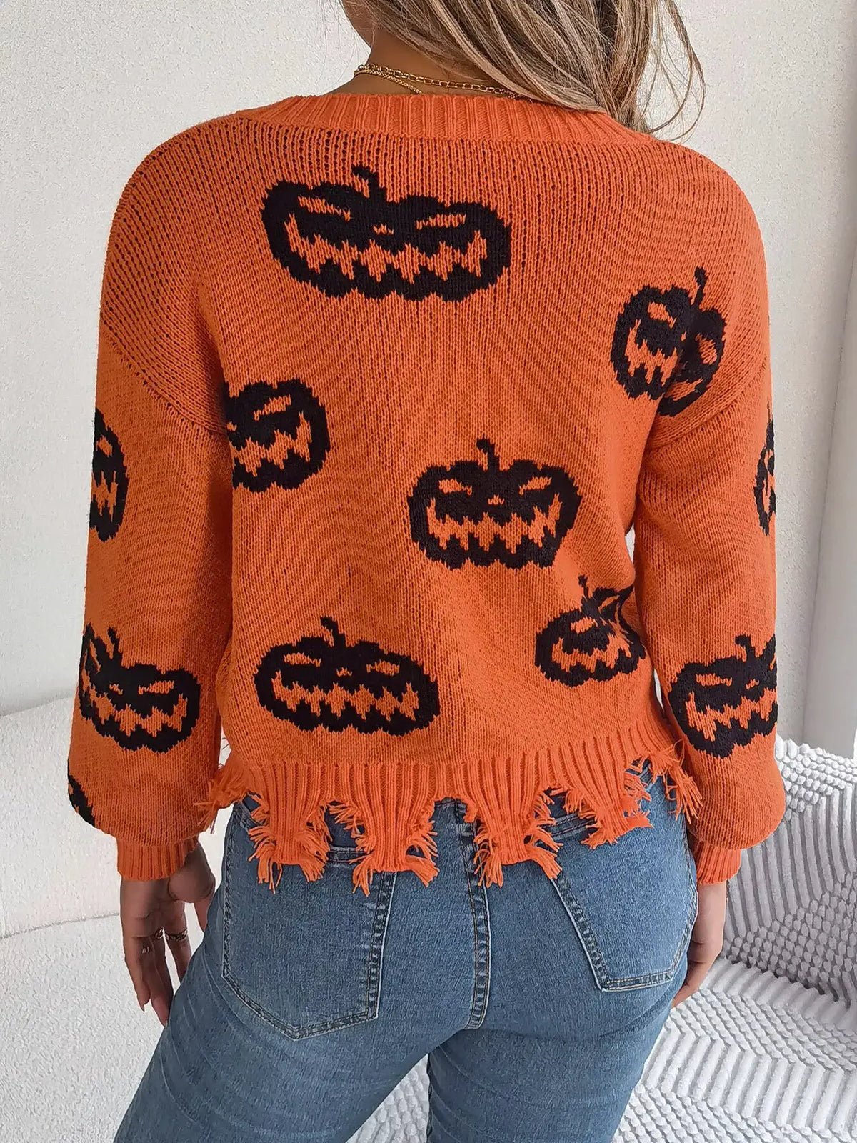 Pumpkin Distressed Hem Sweater by Trendsi