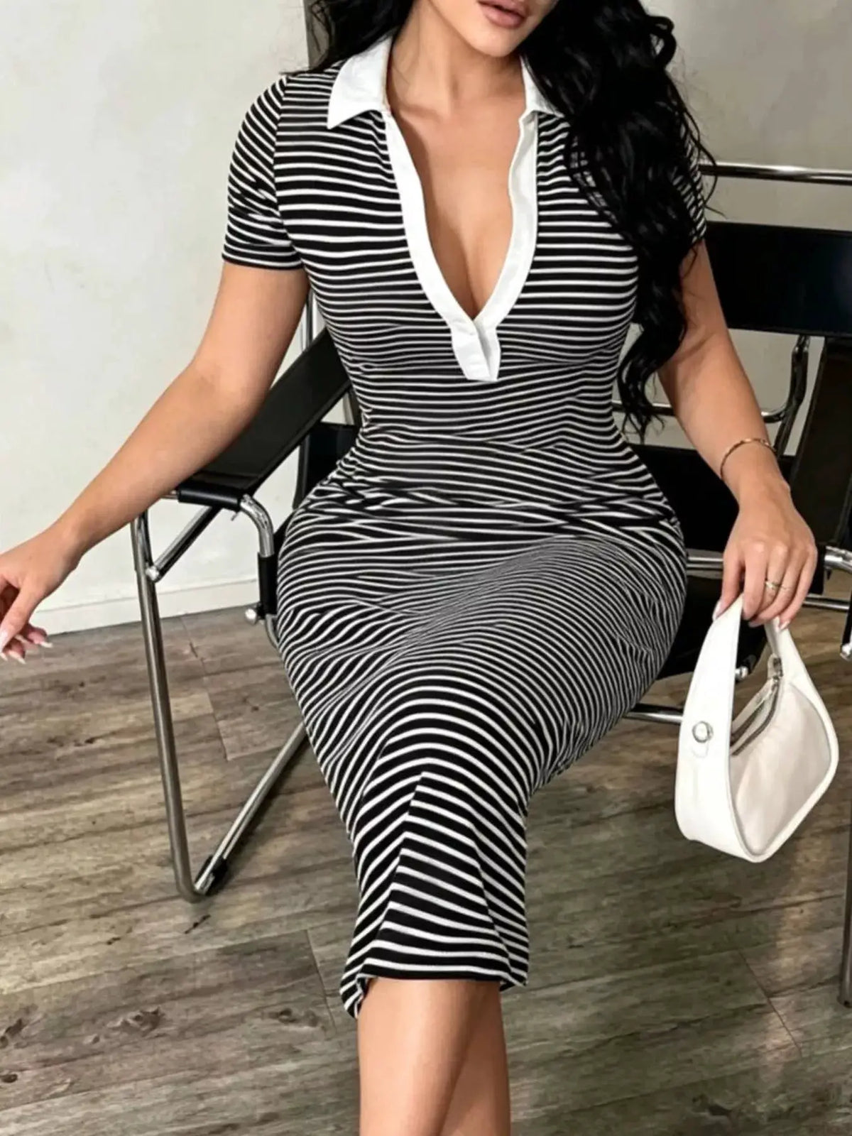 Striped Short Sleeve Bodycon Midi Dress by Trendsi