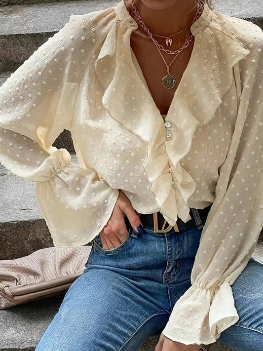 Elegant Ruffled Swiss Dot Blouse - Bitsy Gypsy Boutique