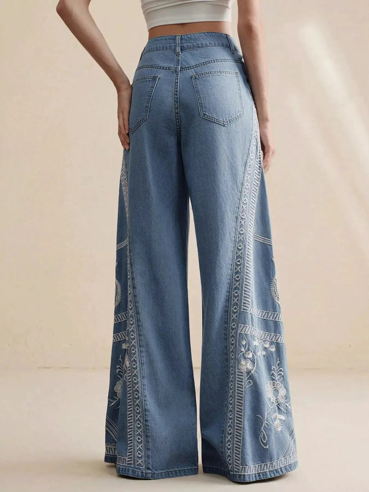 Embroidered Wide-Leg Drawstring Jeans - Bitsy Gypsy Boutique