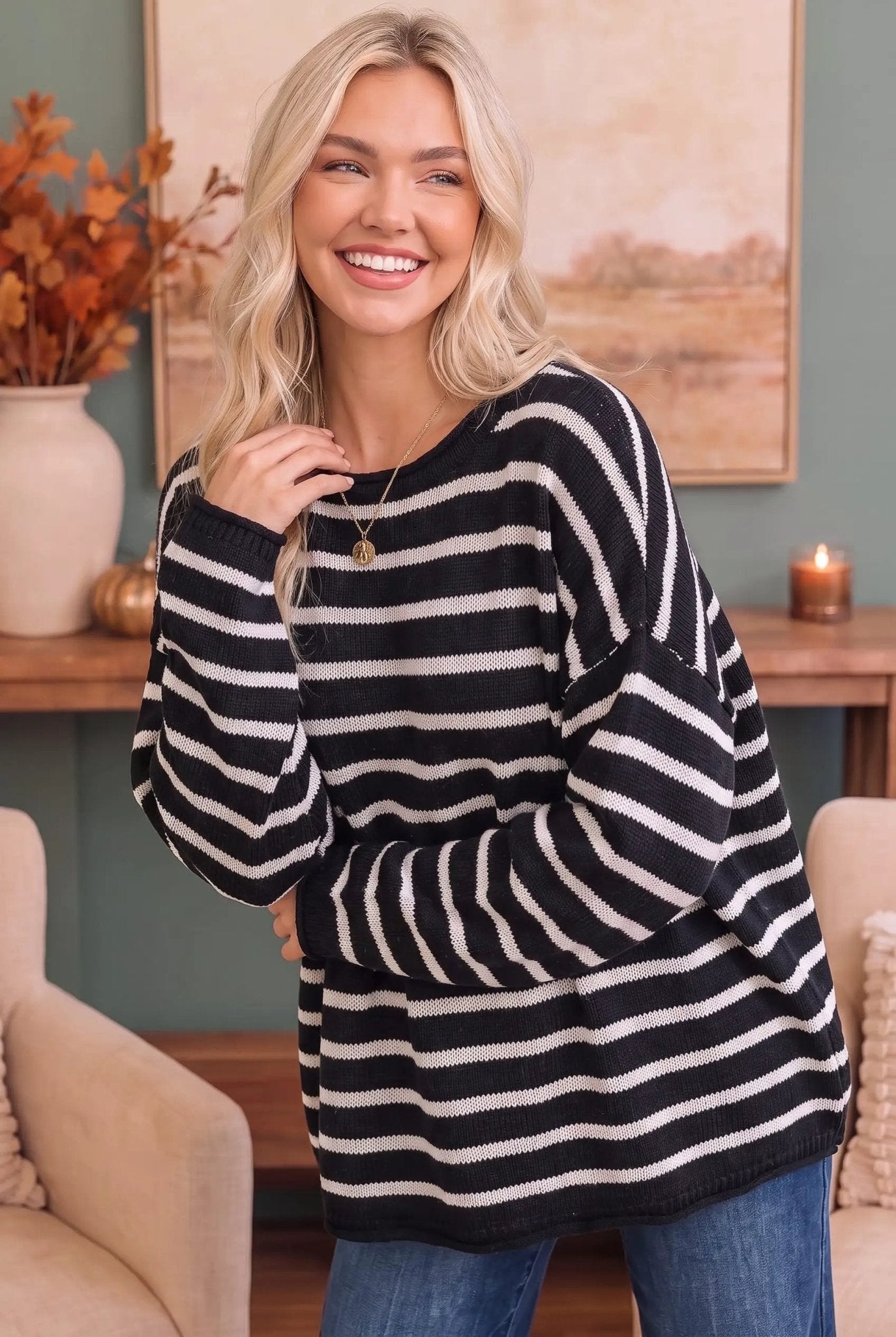Everyday Me Stripe Knit Pullover in Black - Bitsy Gypsy Boutique