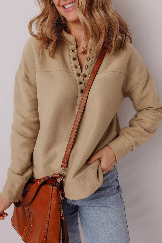 Eyelet Button Placket Dropped Shoulder Sweatshirt - Bitsy Gypsy Boutique