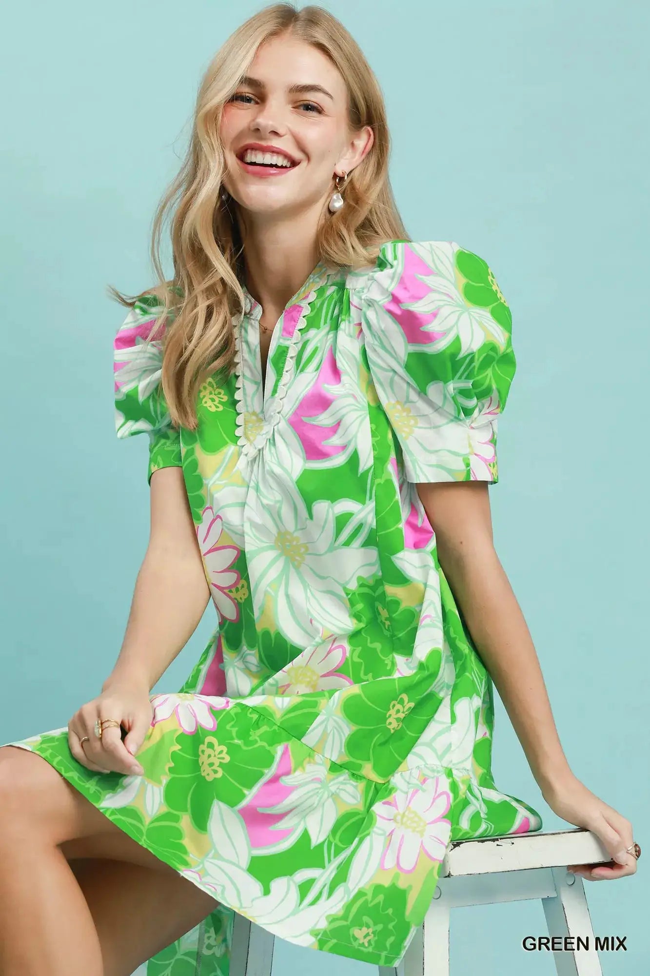 Umgee Floral Puff Sleeve Tiered Mini Dress by Trendsi