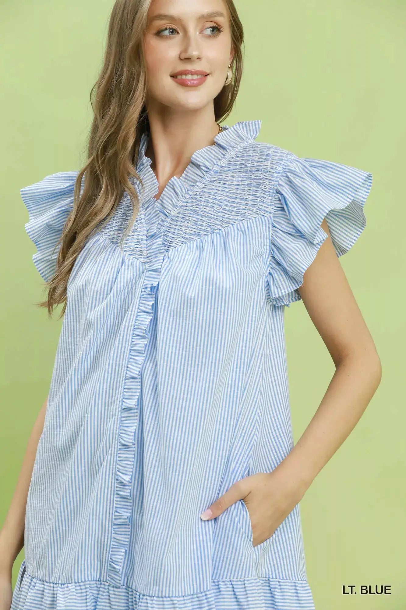 Umgee Stripe Smocked Yoke Ruffle Dress by Trendsi