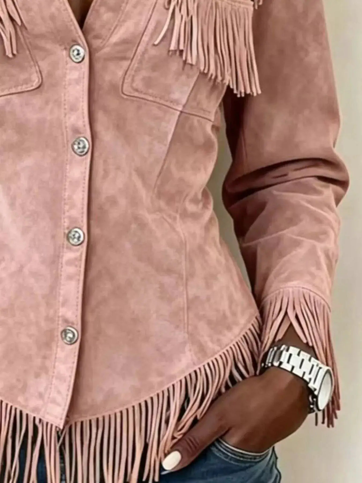 Full Size Fringed Snap Down Jacket Plus Size by Trendsi