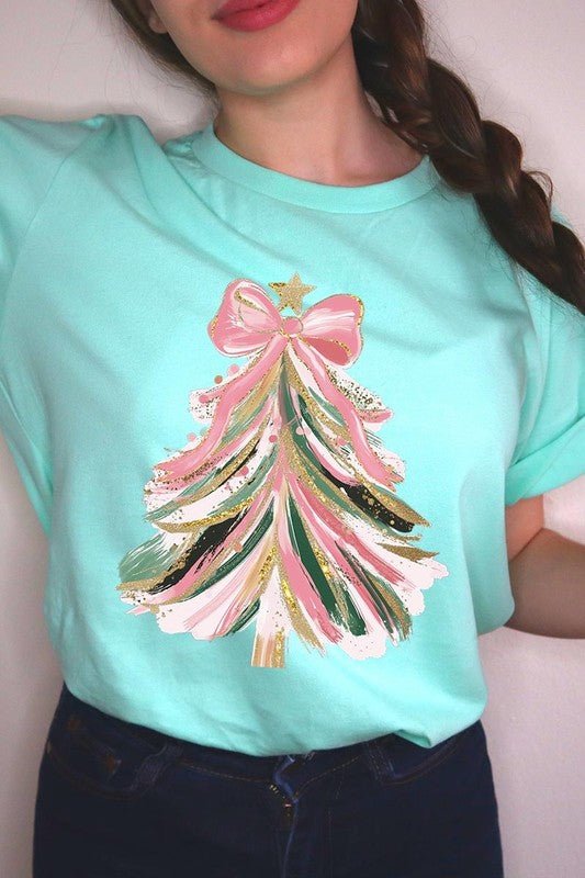 Faux Glitter Pink Bow Christmas Tree Graphic Tee - Bitsy Gypsy Boutique