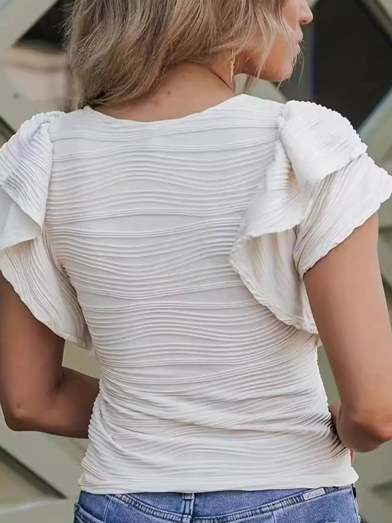 Full Size Textured Ruffle Sleeve Crew Neck Blouse Plus Size by Trendsi