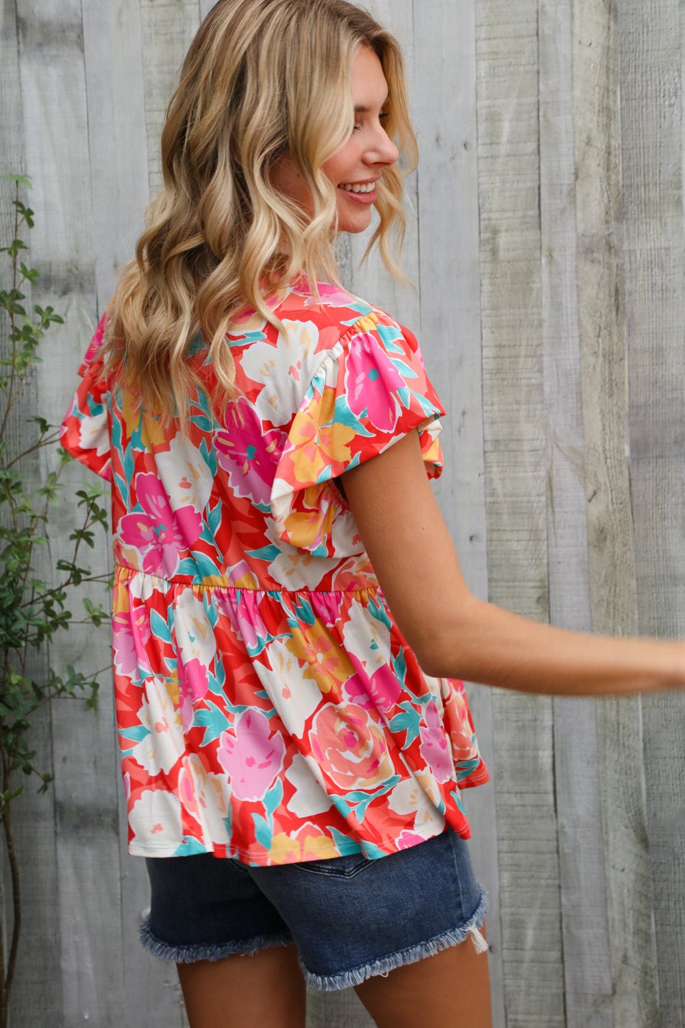 Feeling Femme' Coral Floral Print Folded Short Sleeve Babydoll Top - Bitsy Gypsy Boutique