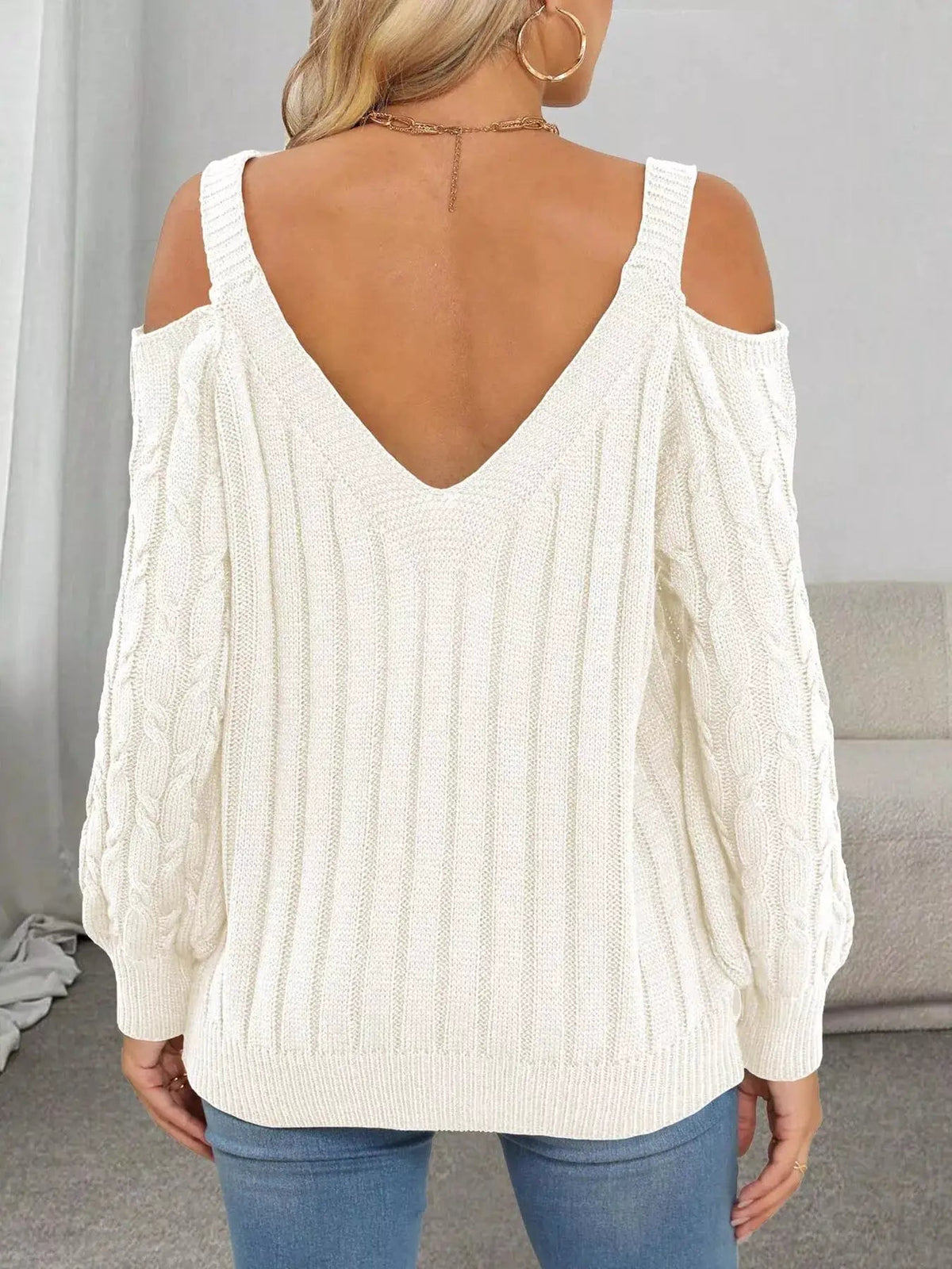 Floral Applique Cold Shoulder Cable Knit Sweater - Bitsy Gypsy Boutique
