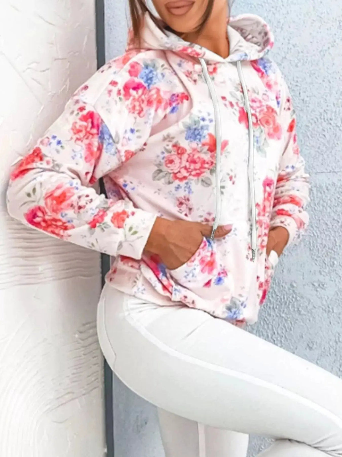 Floral Print Drawstring Hoodie with Kangaroo Pocket - Bitsy Gypsy Boutique