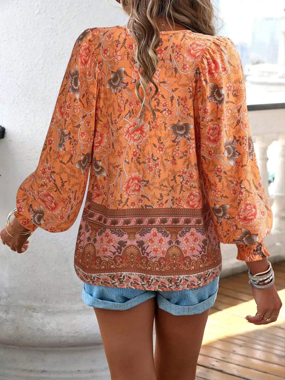 Floral Print Tie-Neck Blouse with Smocked Cuffs - Bitsy Gypsy Boutique