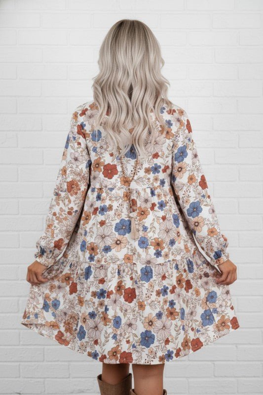 Floral Round Neck Ruffle Long Sleeve Dress - Bitsy Gypsy Boutique