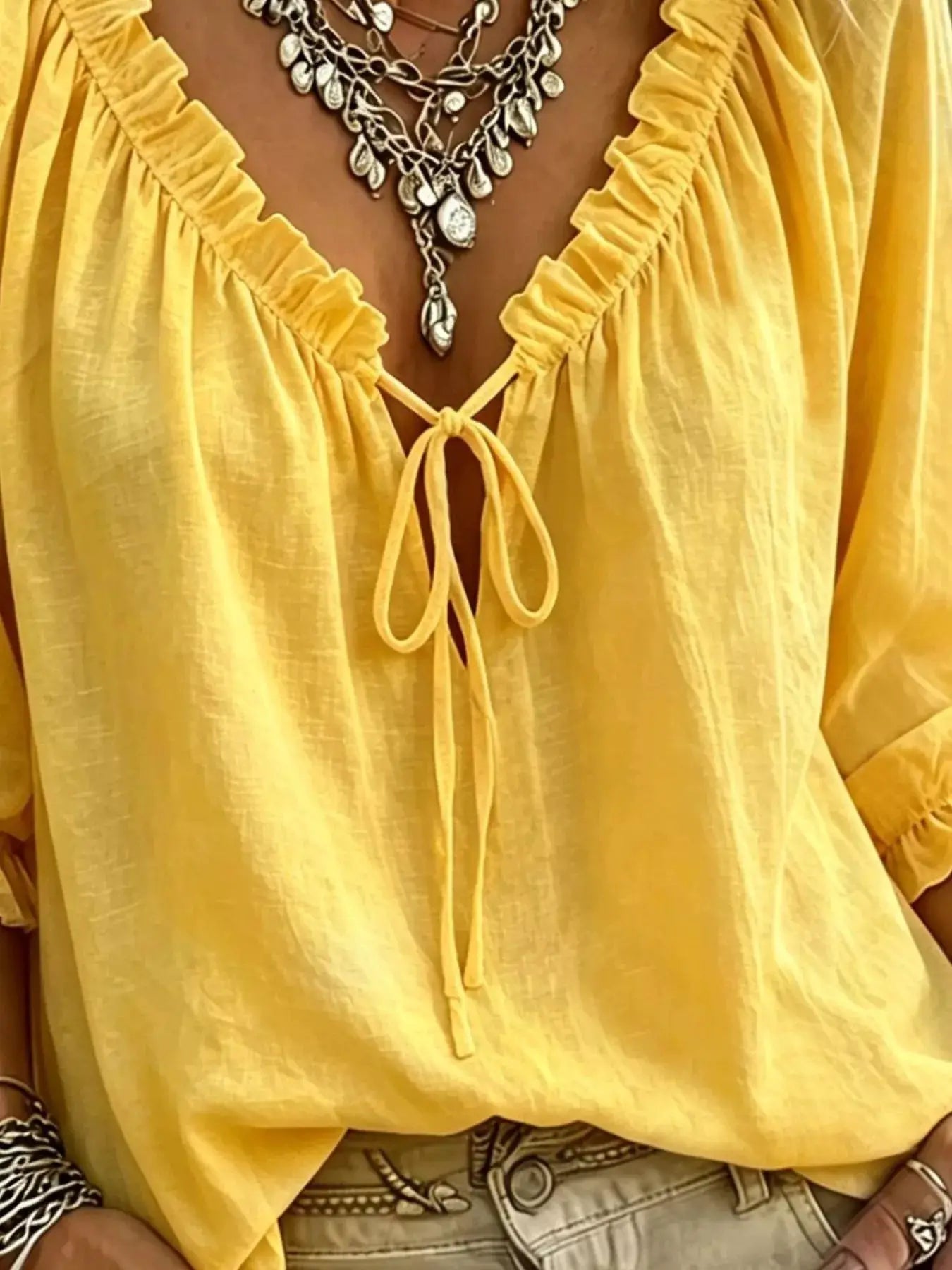 Frill Tie Neck 3/4 Sleeve Blouse - Bitsy Gypsy Boutique
