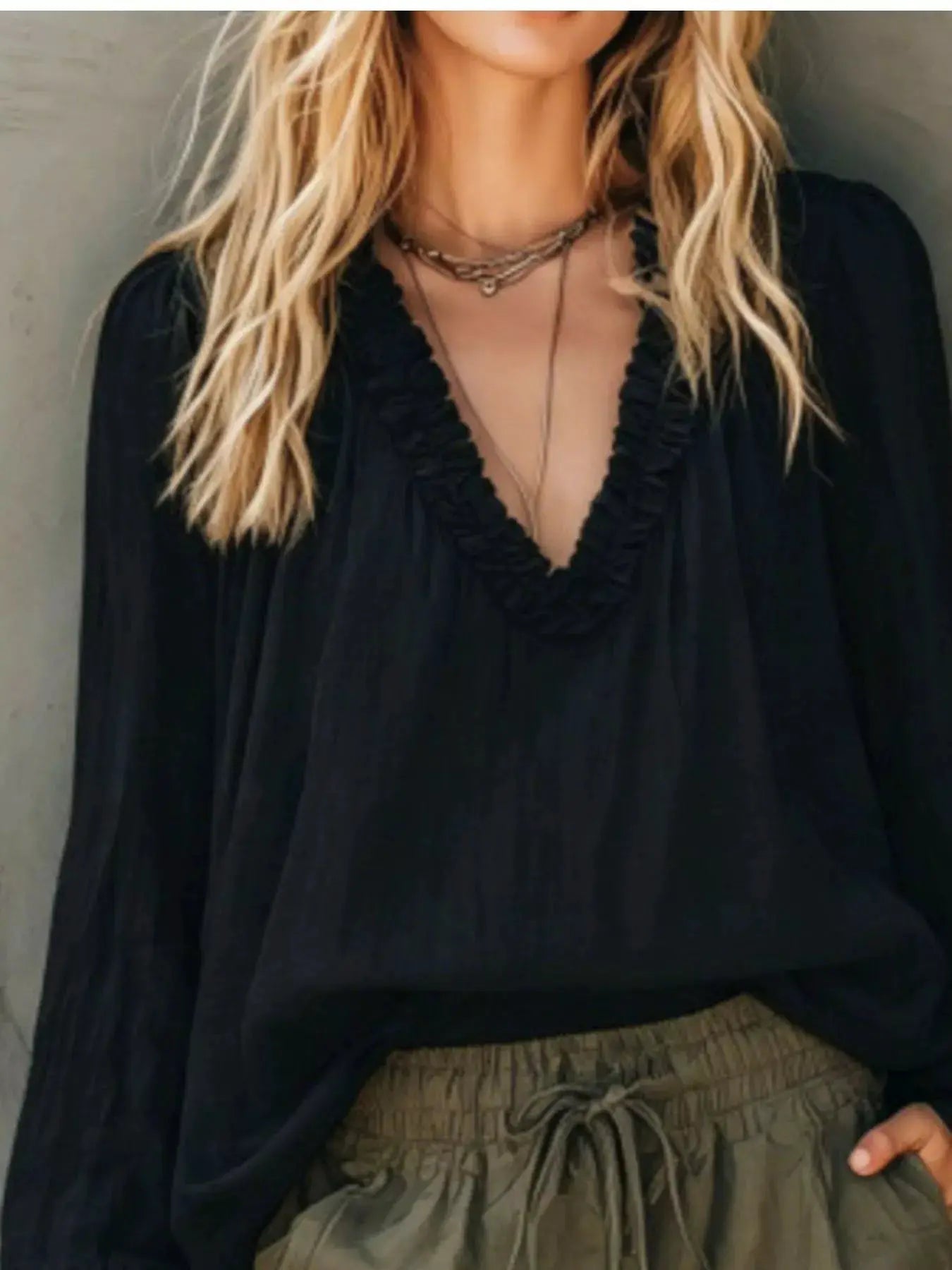 Frill V-Neck Long Sleeve Blouse by Trendsi