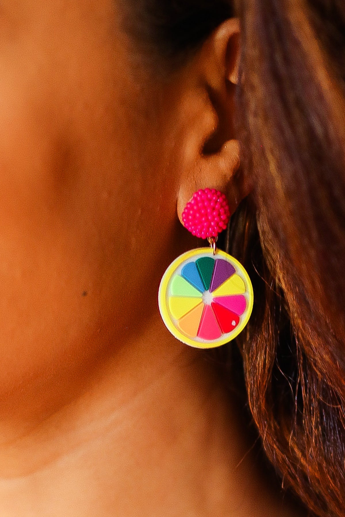 Fuchsia Beaded Stud Multicolor Wood Dangle Earrings - Bitsy Gypsy Boutique