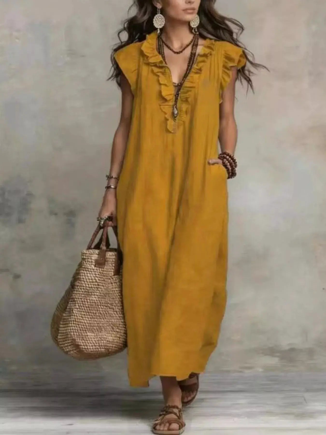 Bohemian Ruffle Neck Maxi Dress by Trendsi