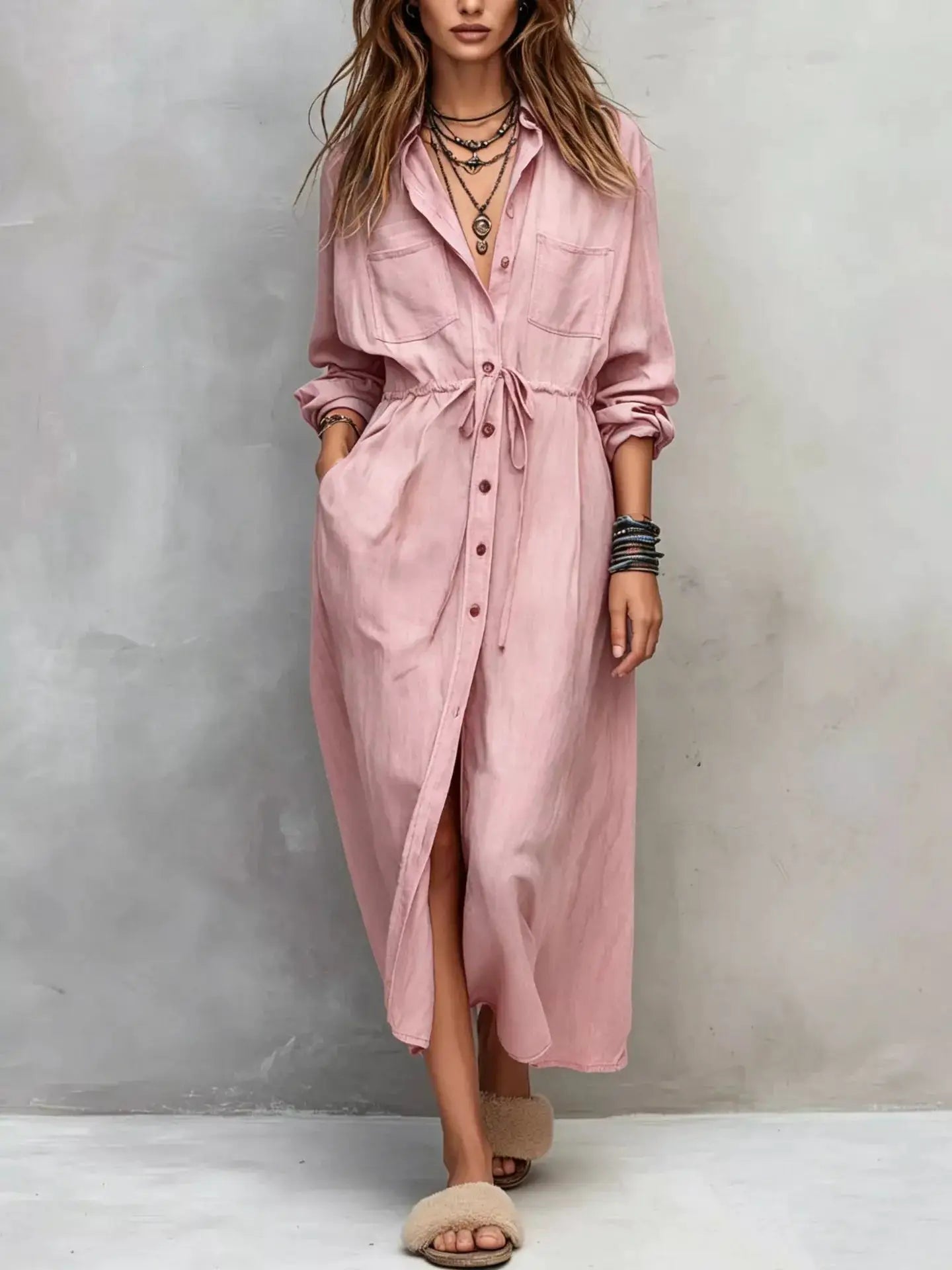 Button Front Long Sleeve Shirt Dress by Trendsi