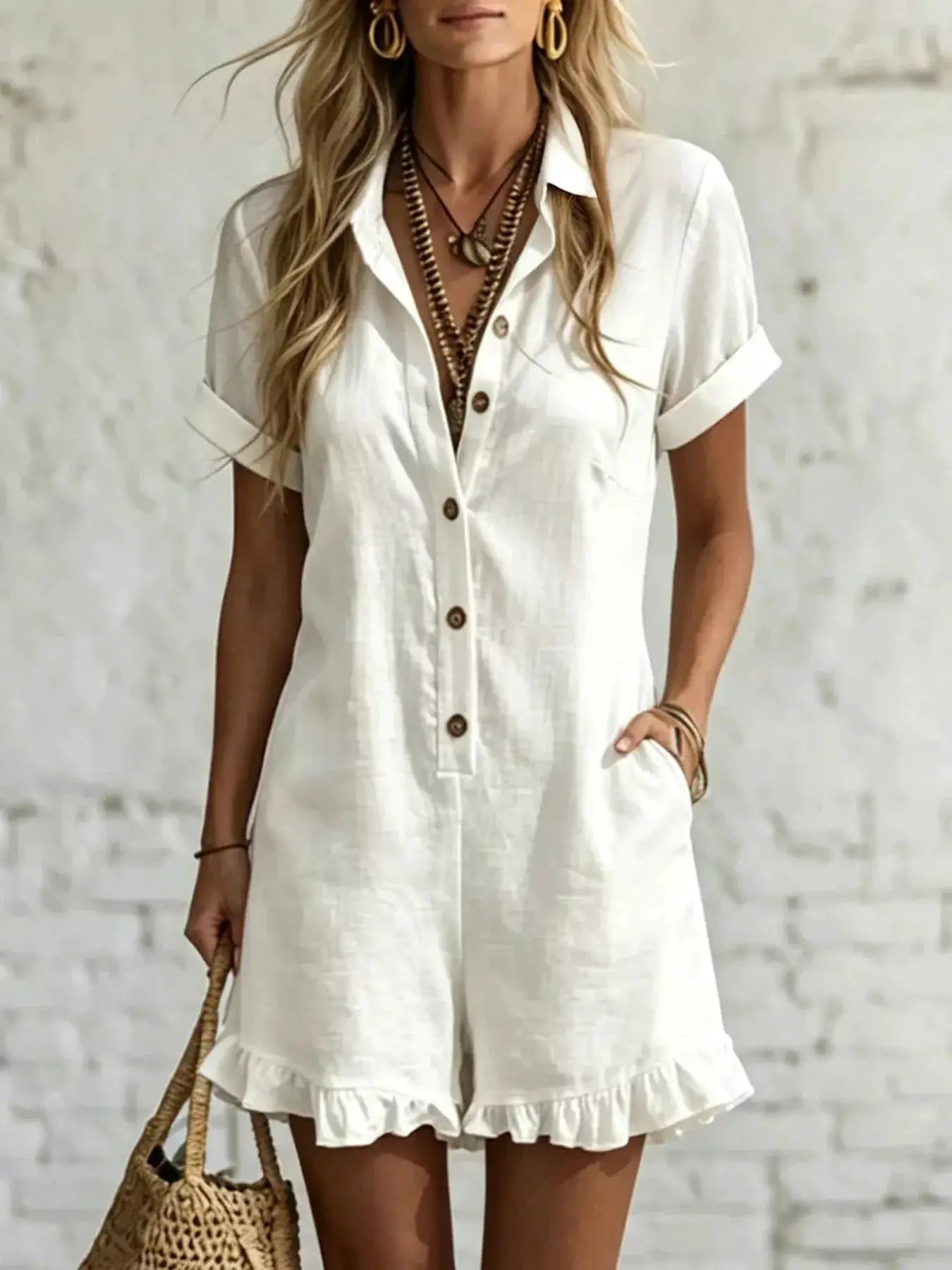 Full Size Button Front Ruffled Hem Romper Plus Size by Trendsi