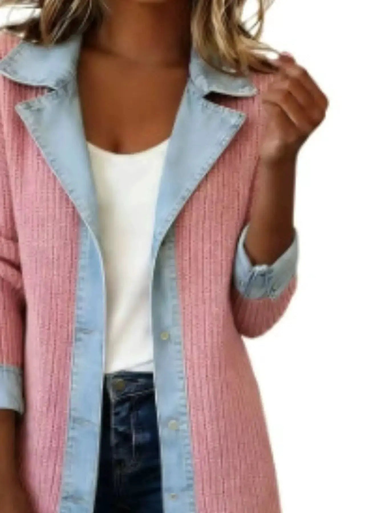 Full Size Denim Trim Ribbed Knit Jacket Plus Size - Bitsy Gypsy Boutique