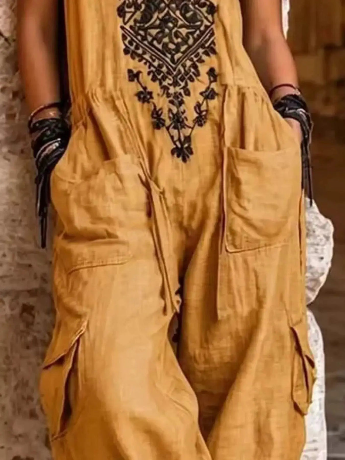 Full Size Embroidered Sleeveless Jumpsuit with Cargo Pockets Plus Size - Bitsy Gypsy Boutique