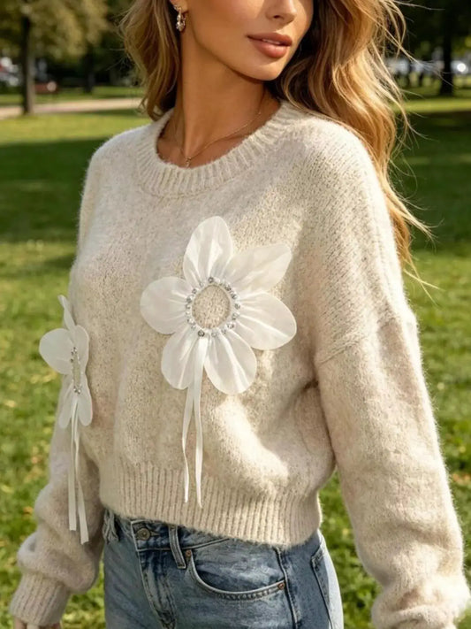Full Size Flower Dropped Shoulder Sweater Plus Size by Trendsi