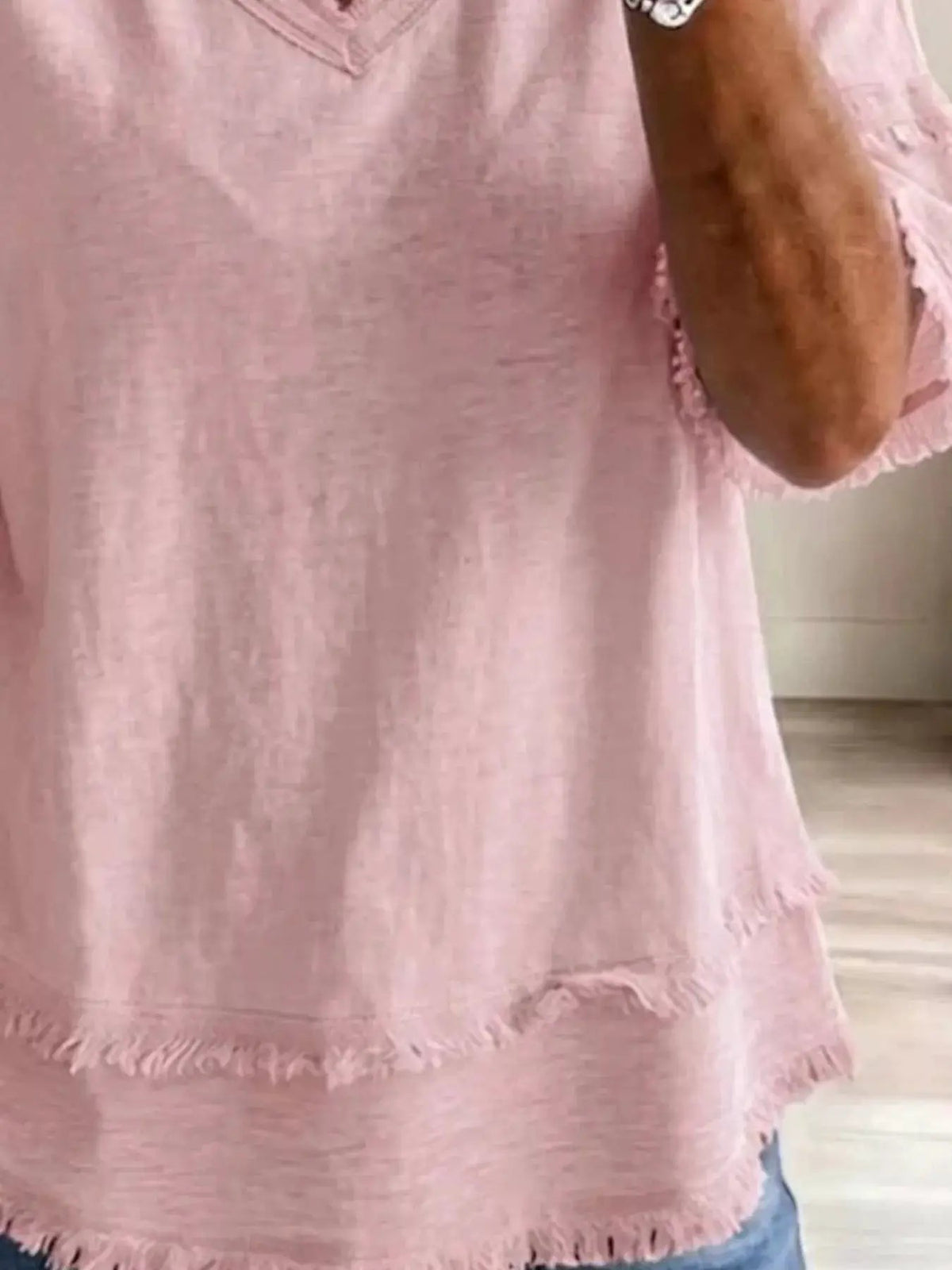 Full Size Frayed Edge V-Neck Blouse Plus Size - Bitsy Gypsy Boutique