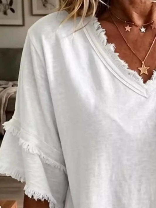 Full Size Frayed Edge V-Neck Blouse Plus Size - Bitsy Gypsy Boutique