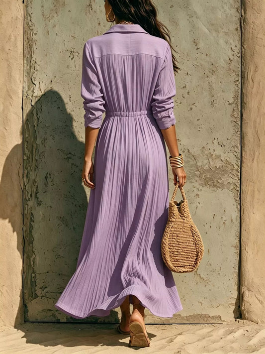 Full Size Textured Button Front Long Sleeve Maxi Dress Plus Size - Bitsy Gypsy Boutique
