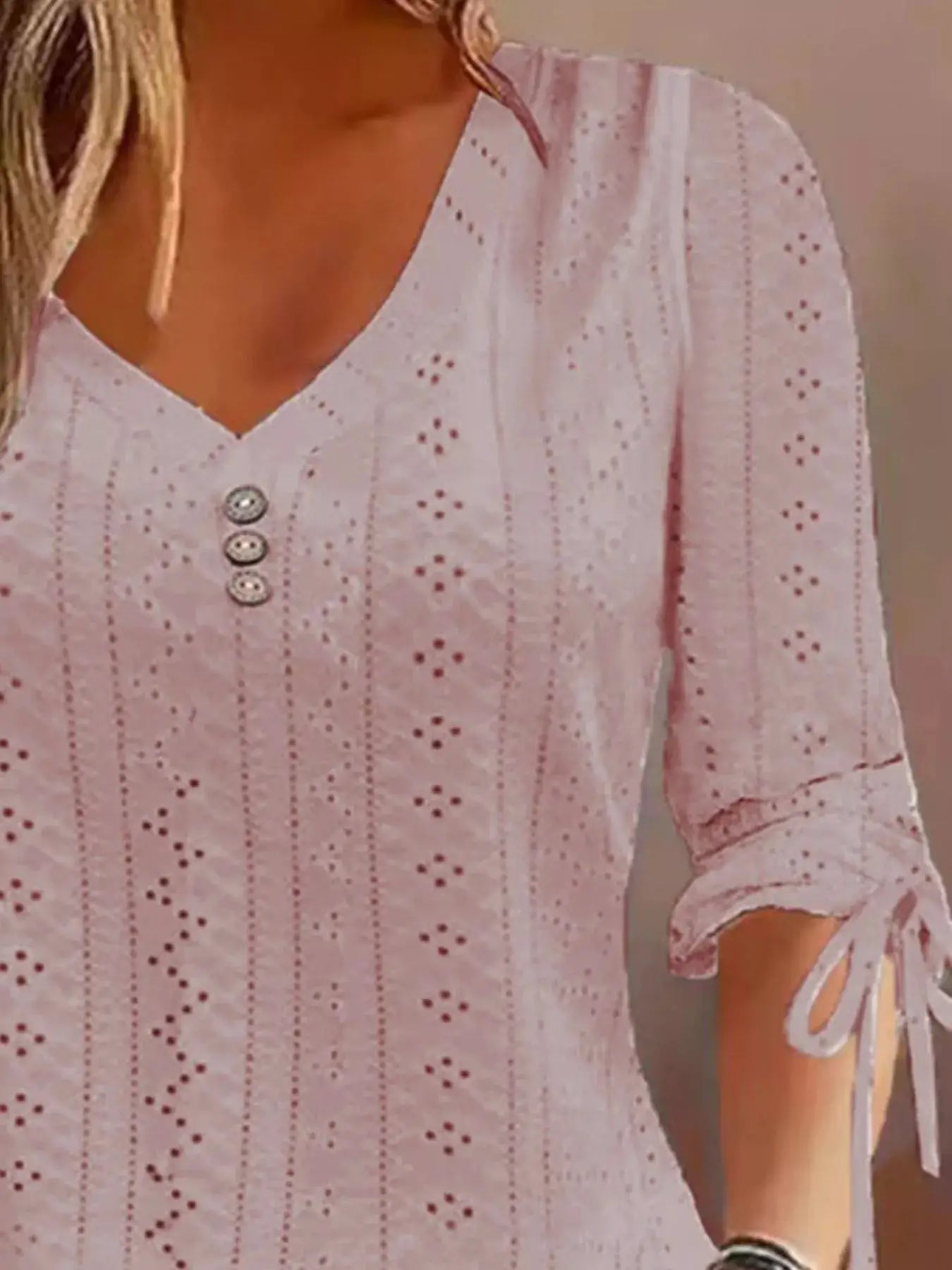 Full Size V-Neck Eyelet Drawstring Sleeve Top Plus Size by Trendsi
