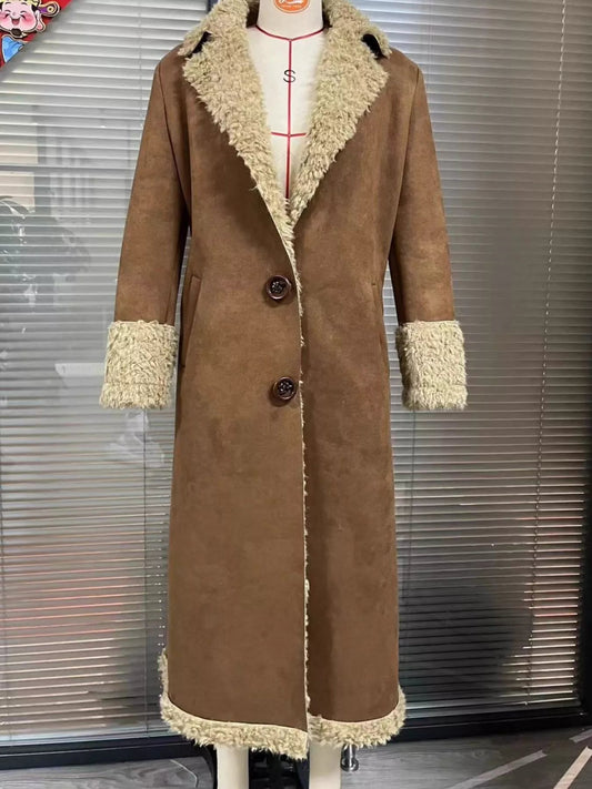 Full Size Vintage-Inspired Faux Suede Shearling Long Coat Plus Size - Bitsy Gypsy Boutique