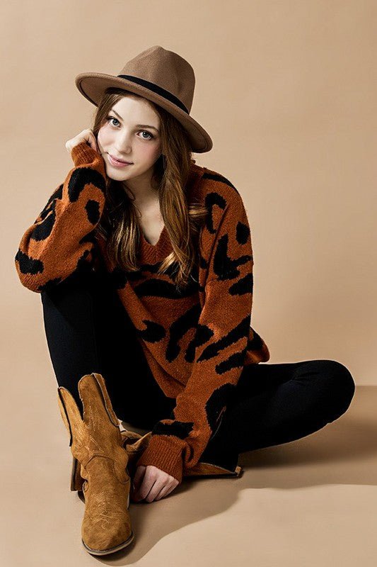 Fuzzy Mohair Jacquard V - Neck Leopard Sweater - Bitsy Gypsy Boutique