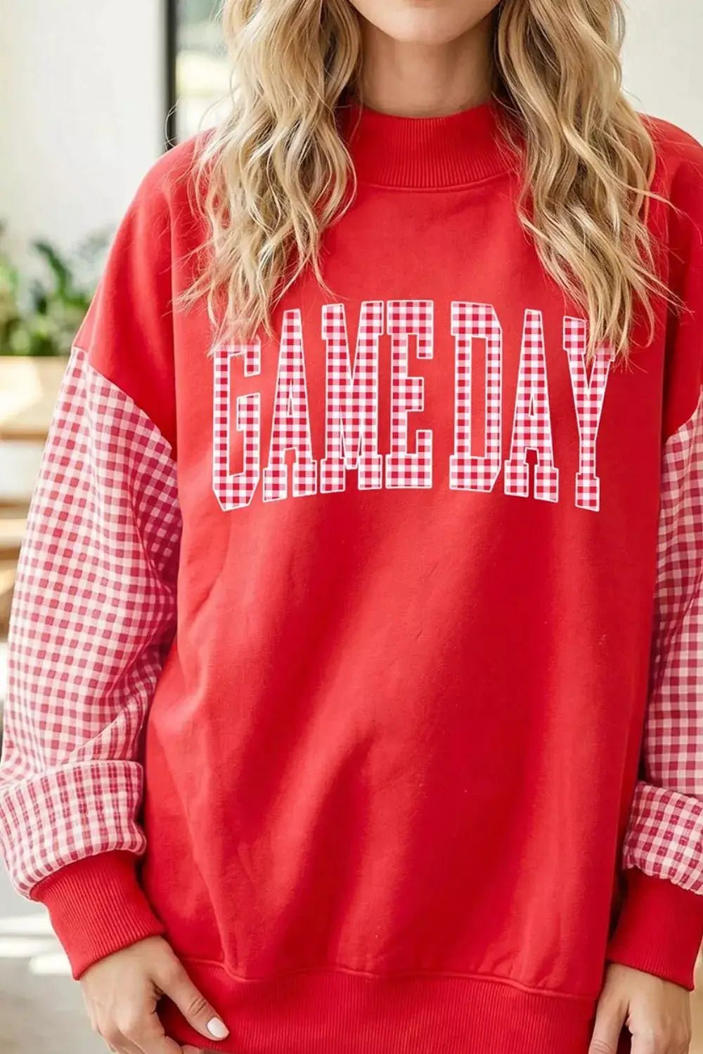 Game Day Plaid Sleeve Mock Neck Sweatshirt - Bitsy Gypsy Boutique
