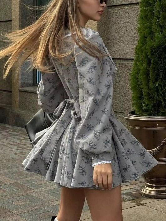 Gray Floral Print Puff Sleeve Button Front Mini Dress - Bitsy Gypsy Boutique