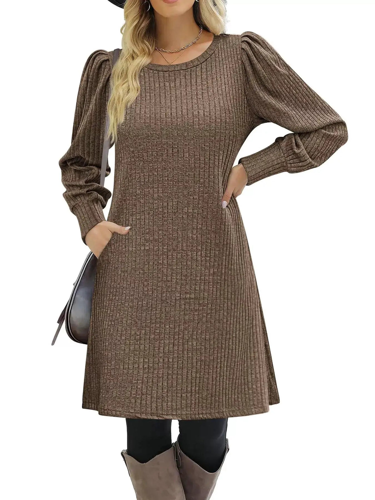 Grey Ribbed Knit Puff Sleeve Dress With Pockets - Bitsy Gypsy Boutique