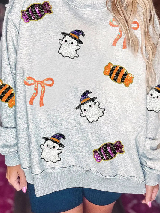 Grey Sequin Ghost Candy Graphic Long Sleeve Sweatshirt - Bitsy Gypsy Boutique