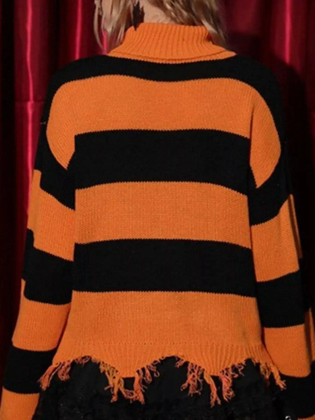 Halloween Bat Graphic Striped Turtleneck Raw Hem Sweater - Bitsy Gypsy Boutique