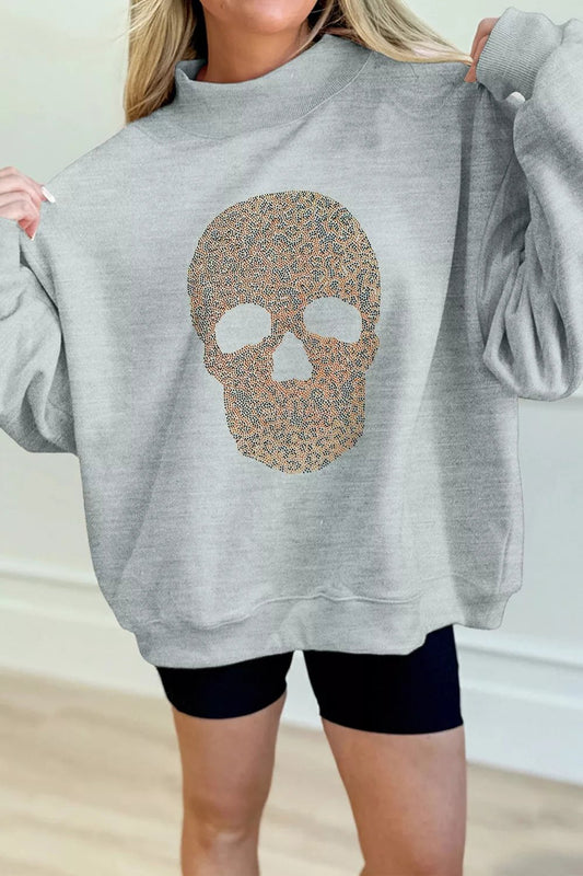 Halloween Rhinestone Skull Graphic Mock Neck Baggy Pullover Sweatshirt - Bitsy Gypsy Boutique